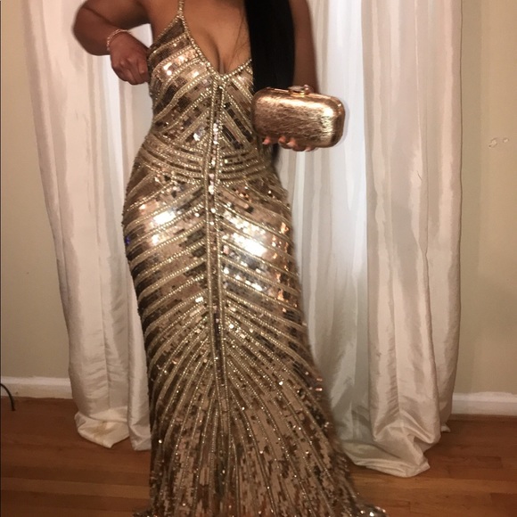 gold fitted prom dress